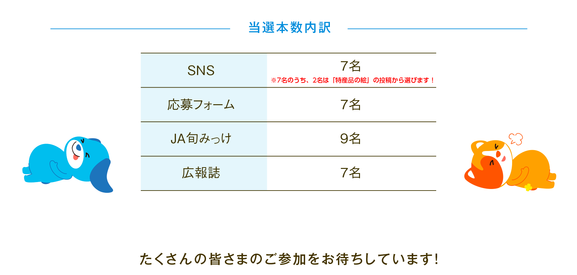 当選本数内訳　SNS7名（7名のうち、2名は「特産品の絵」の投稿から選びます！」）、応募フォーム7名、JA旬みっけ9名、広報誌7名　たくさんの皆さまのご参加をお待ちしています！