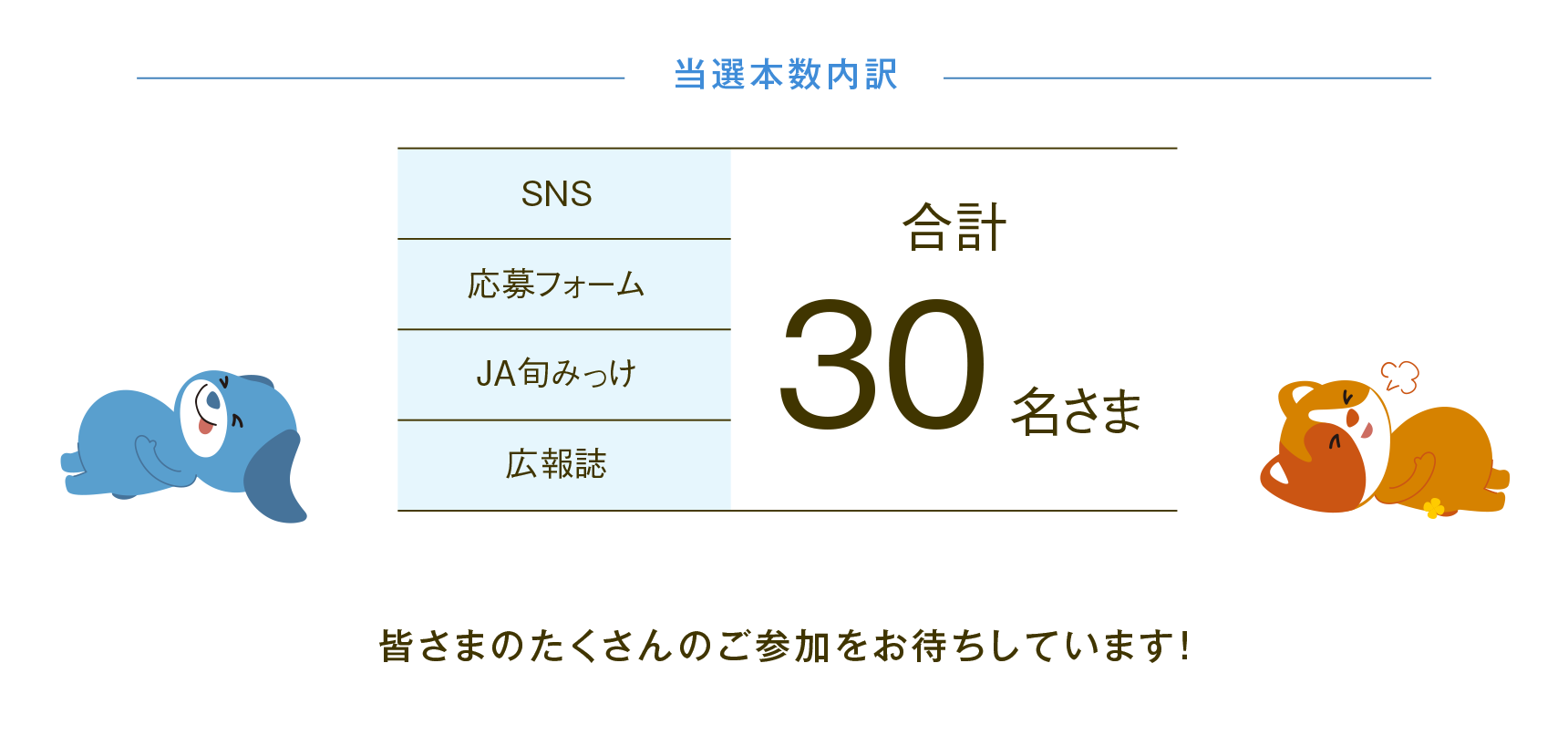 当選本数内訳　SNS、応募フォーム、JA旬みっけ、広報誌　合計30名さま　たくさんの皆さまのご参加をお待ちしています！