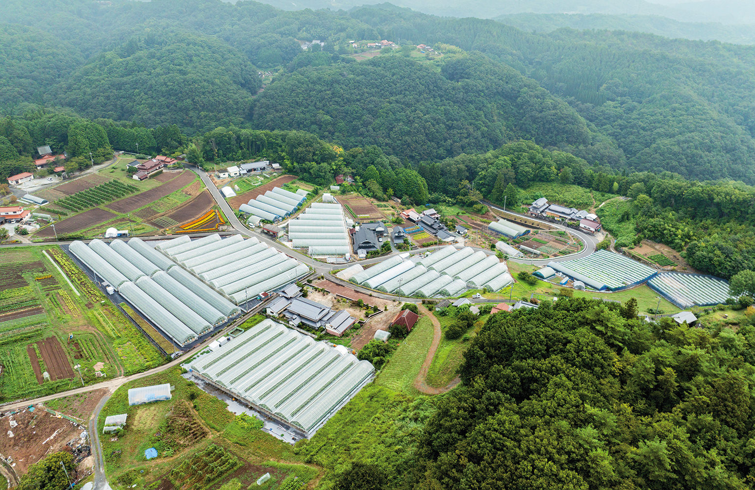 高梁市川上町(トマトのハウスが広がる集落を撮影)