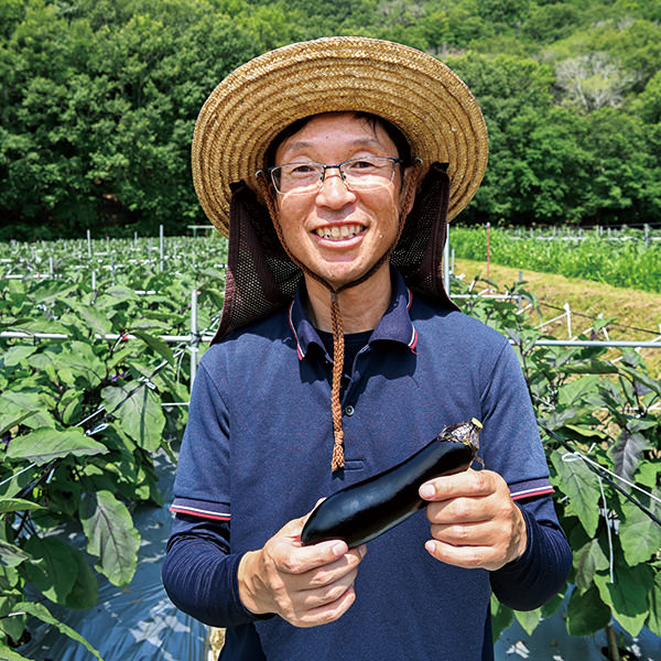父親から任された55aの畑で夏秋ナスの収穫に励む石野啓多さんの写真