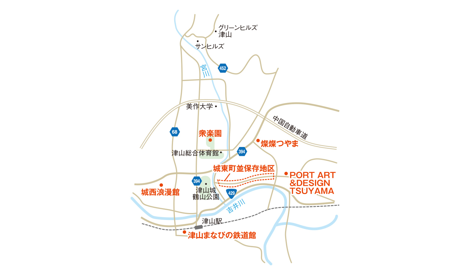 燦燦つやまと周辺の見所の地図