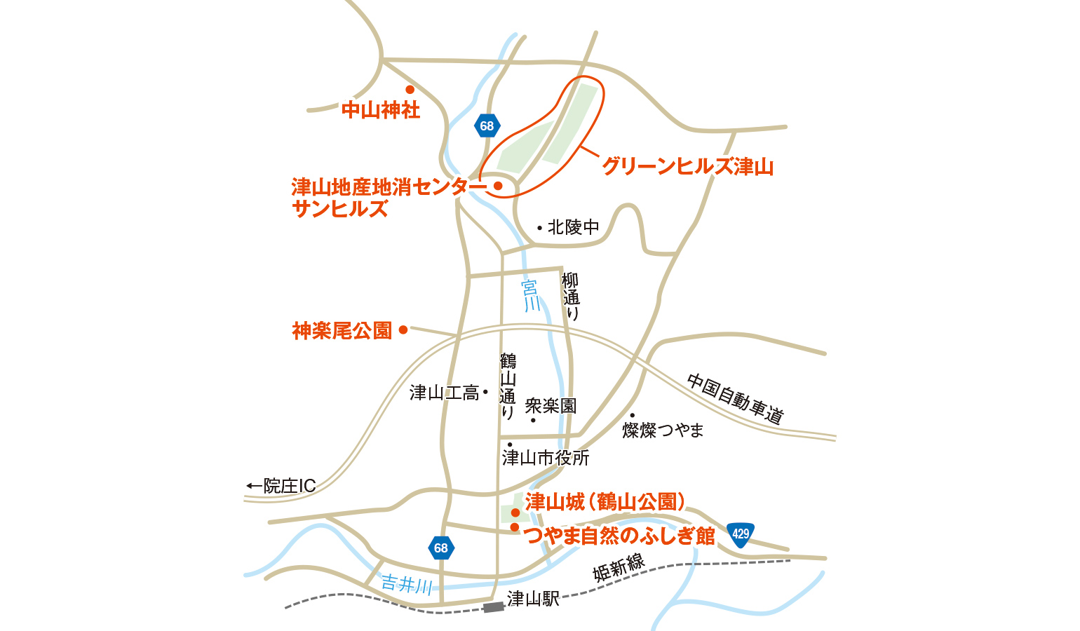 津山市地産地消センター　サンヒルズと周辺の見所の地図